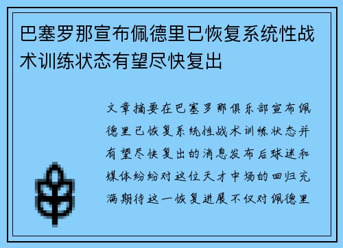 巴塞罗那宣布佩德里已恢复系统性战术训练状态有望尽快复出 巴塞罗那宣布佩德里已恢复系统性战术训练状态有望尽快复出